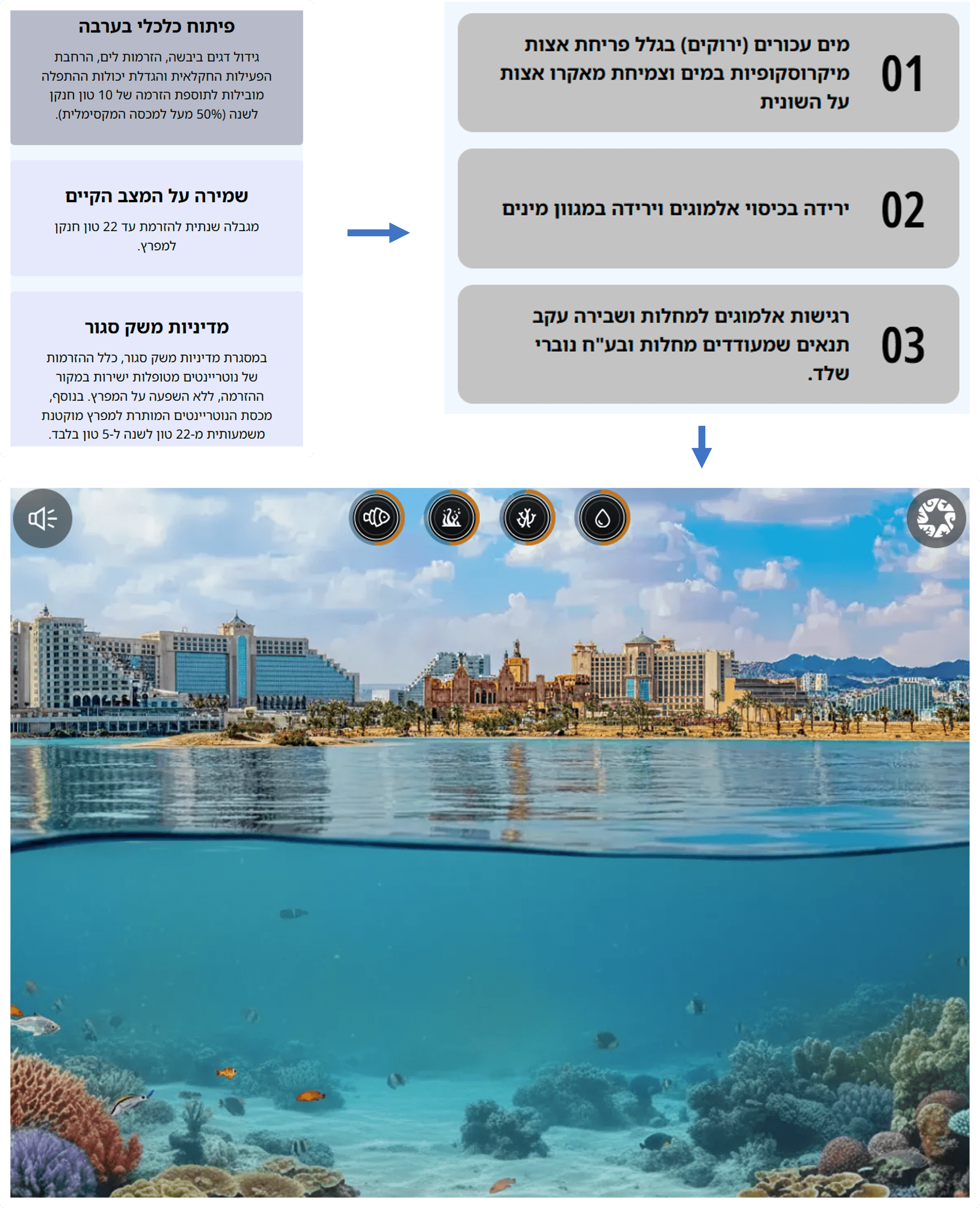A Hebrew infographic with numbered steps beside a split image of a city and vibrant coral reef.
