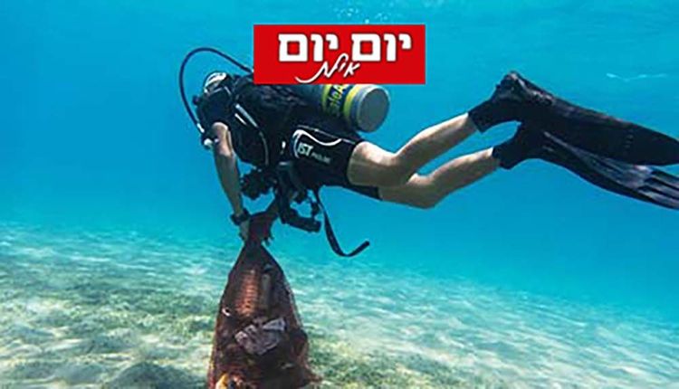 Scuba diver in clear blue water holding a large dark fish.